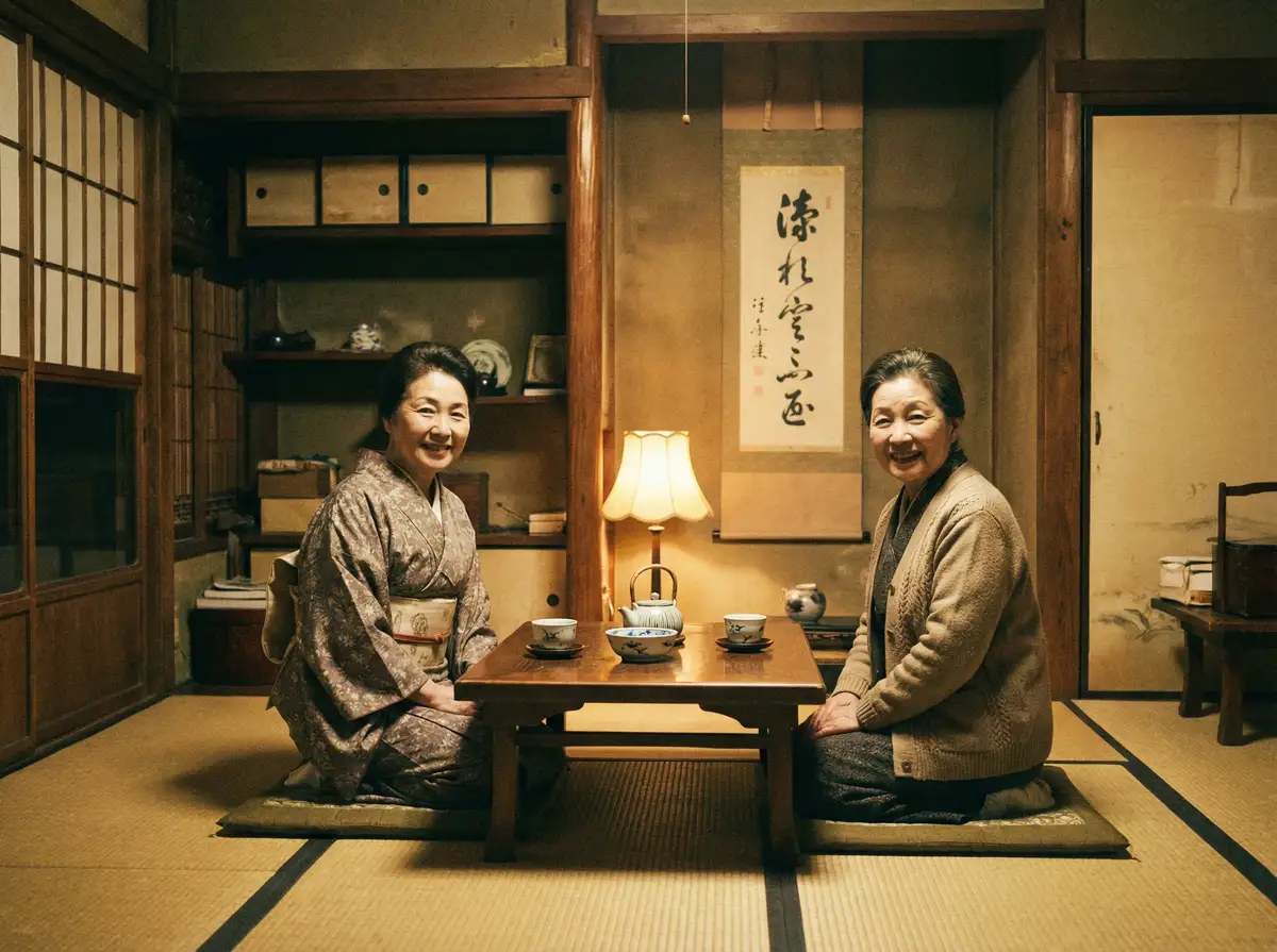 两位优雅的 亚娱app 在日式茶室中品茶交谈